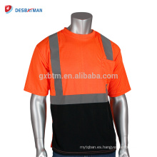 Venta al por mayor de adultos de alta visibilidad naranja neón seguridad camiseta reflectante malla brillante manga corta seguridad del trabajo Tees con un bolsillo